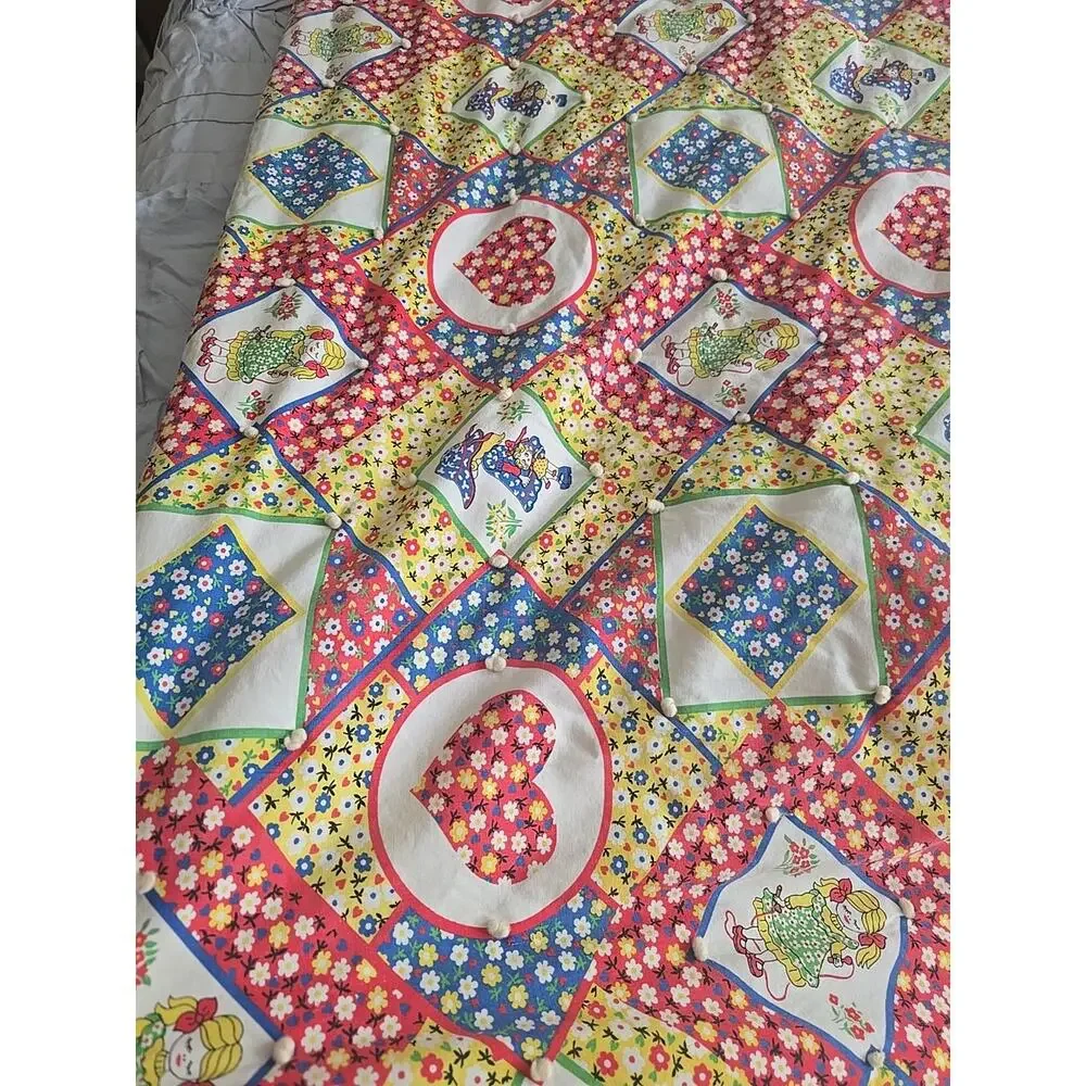 Vtg 1970's Holly Hobbie Hand Stitched Granny Cottage Full/Queen Quilt Bedspread‎